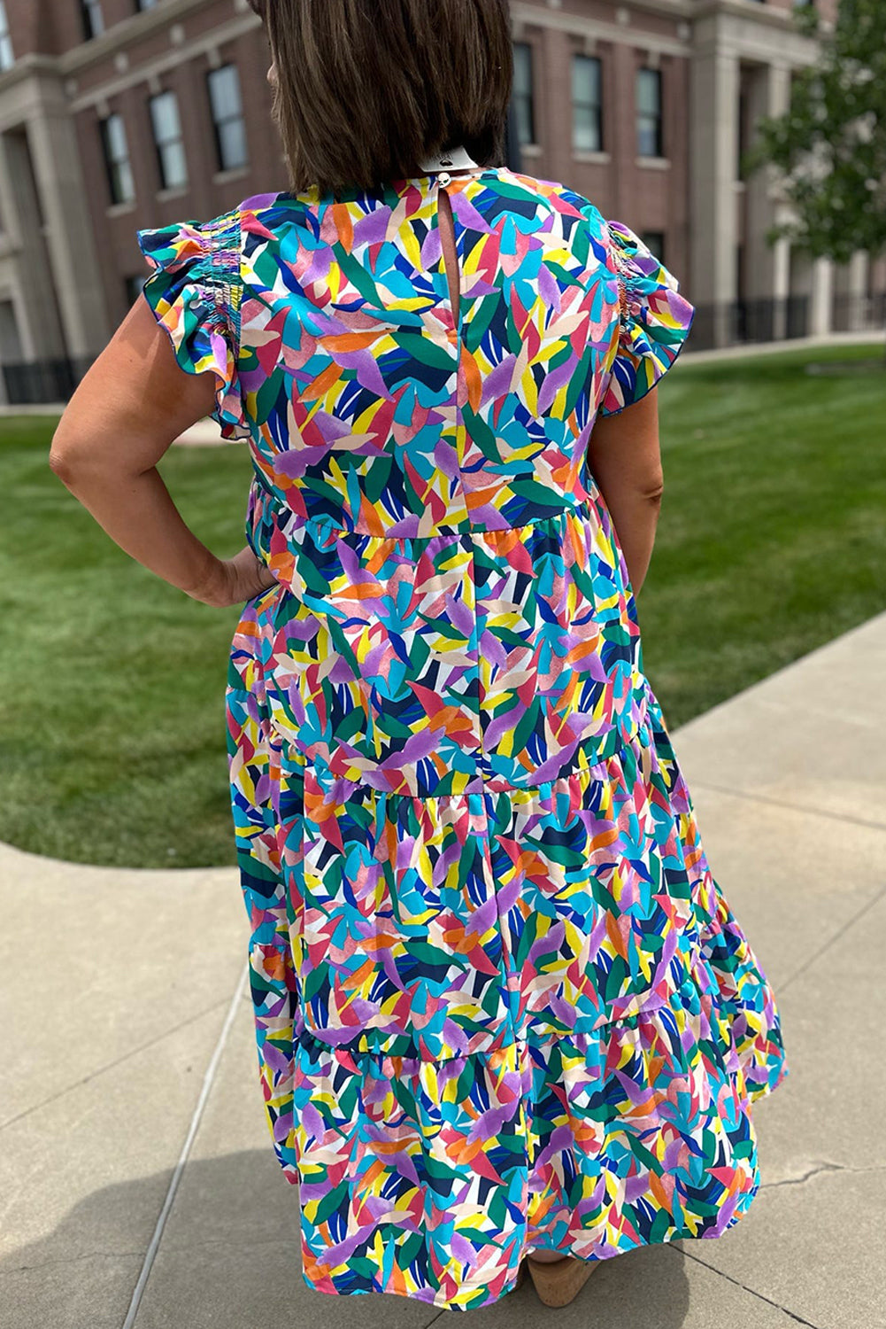 Blue Abstract Print Ruffle Sleeve Plus Size Tiered Maxi Dress Divine Design4U