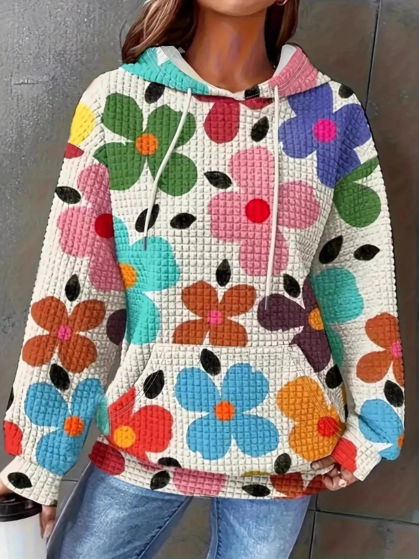 Floral Print Textured Drawstring Hoodie Simply Love