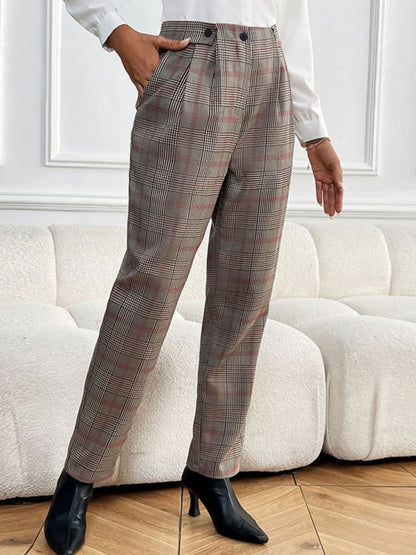 Chic plaid straight-leg pants with functional pockets