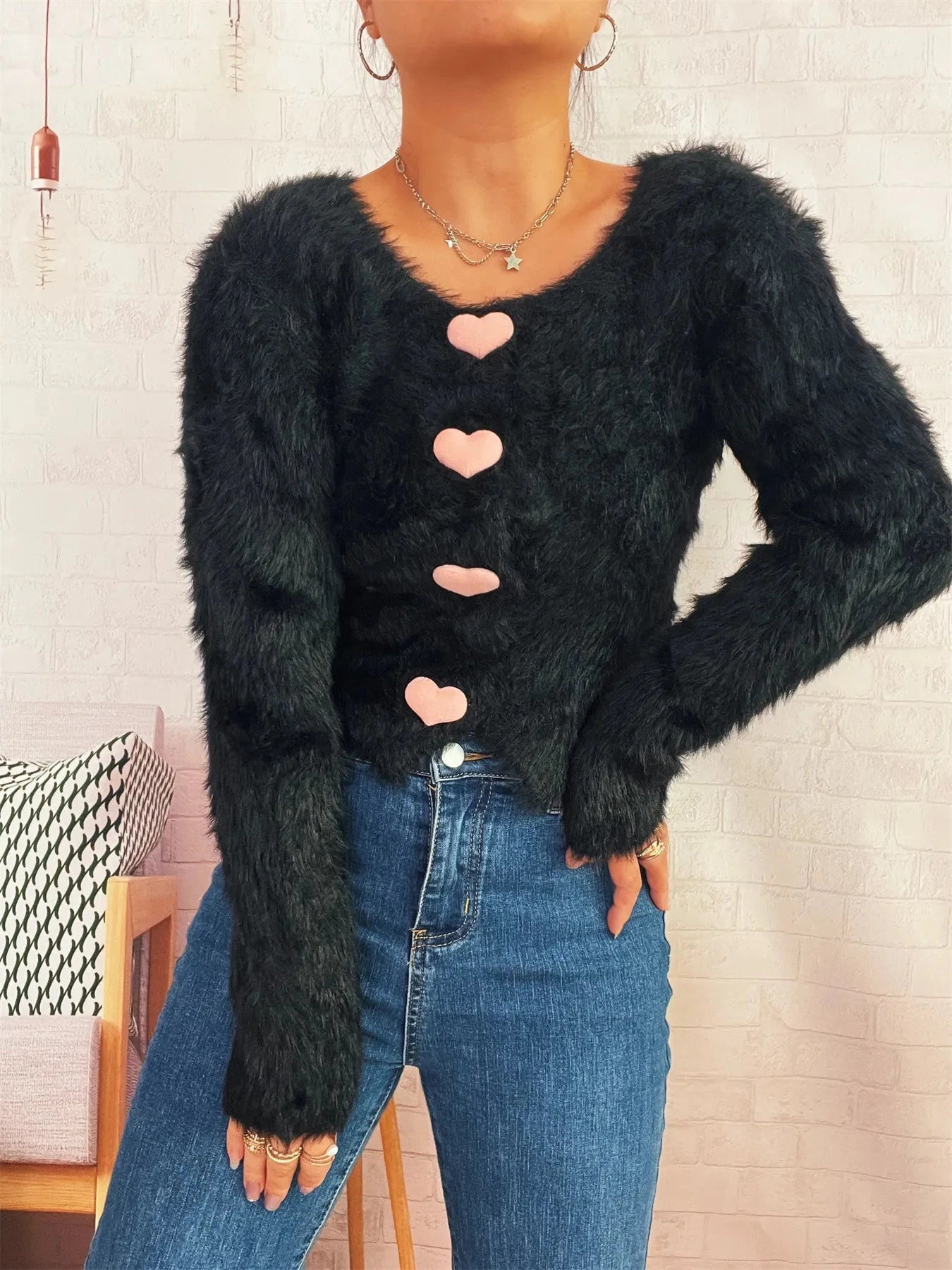 Fuzzy Heart Shape Button-Up Cardigan Coco’s Tee Boutique