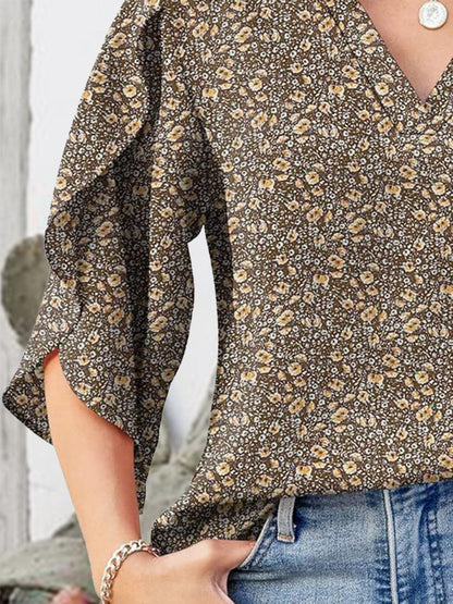 Printed Notched Half Sleeve Blouse.