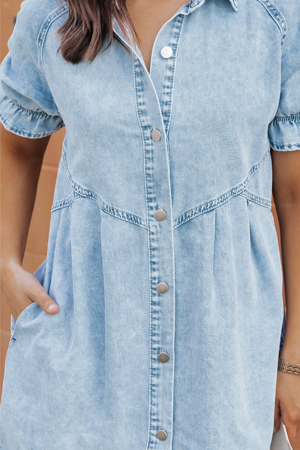 Kimber Ruffled Short Sleeve Buttoned Denim Dress with Mineral Wash - Love Salve 