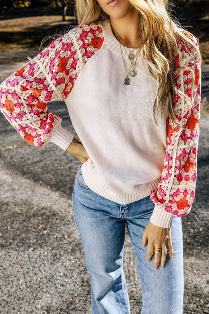 Flower Element Openwork Round Neck Sweater.