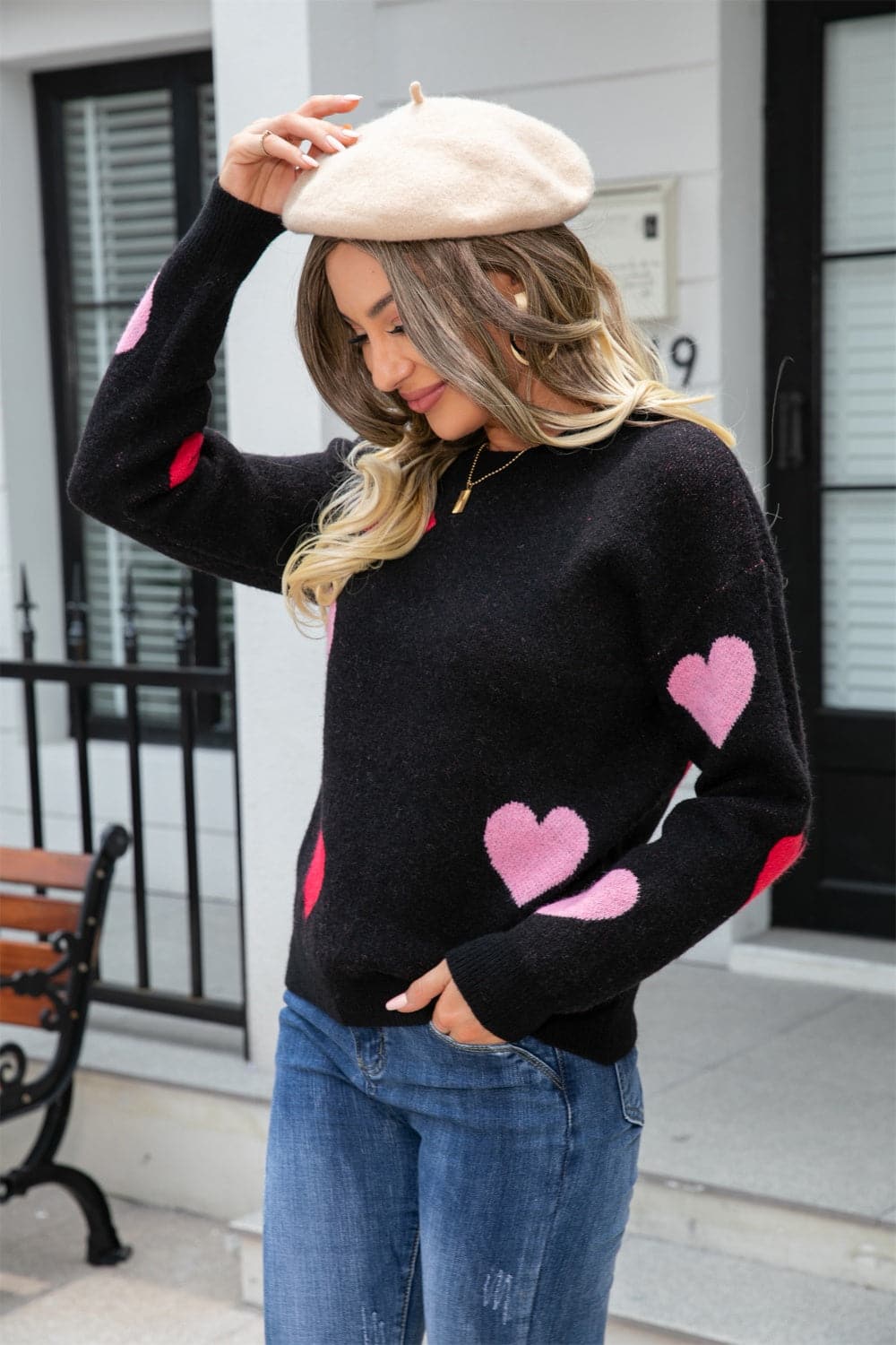 Heart Round Neck Droppped Shoulder Sweater.