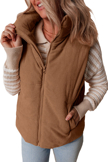 Cozy coffee corduroy puffer vest with stand neck and zipper closure