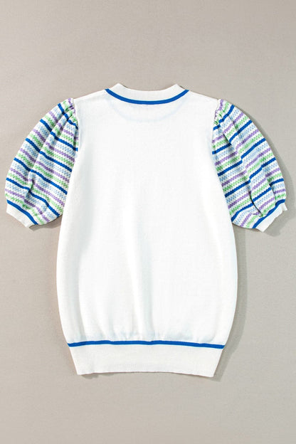 Round Neck Striped Half Sleeve Knit Top.