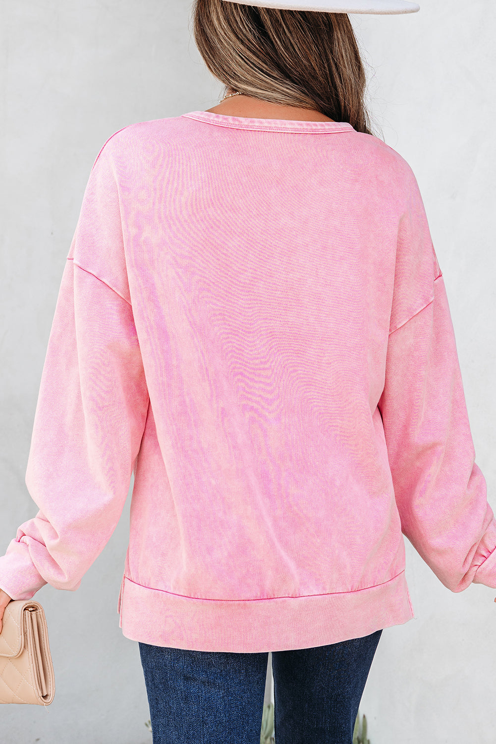 Premium Bright Pink Mineral Wash Big Bow Patchwork Pullover Sweatshirt Dear-Lover Dropshipping