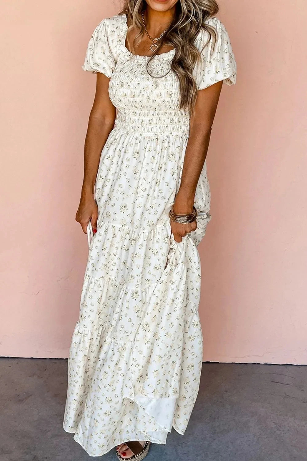 Floral Smocked Short Puff Sleeve Maxi Dress Simply Love