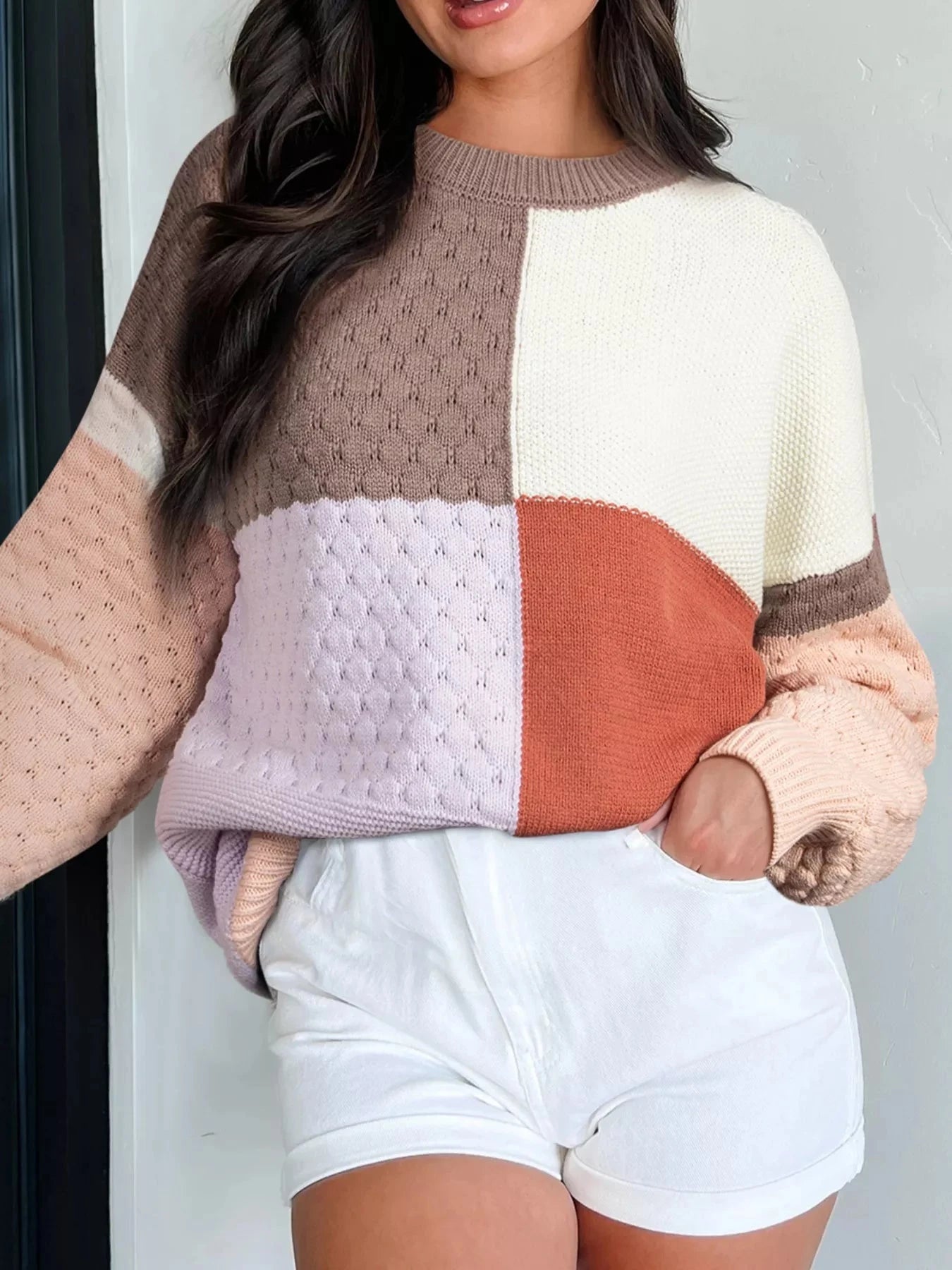 Color Block Textured Knit Sweater Ribbed Cotton Acrylic Blend Slightly Stretchy Simply Love