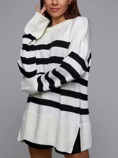 Chic slit striped sweater with round neckline