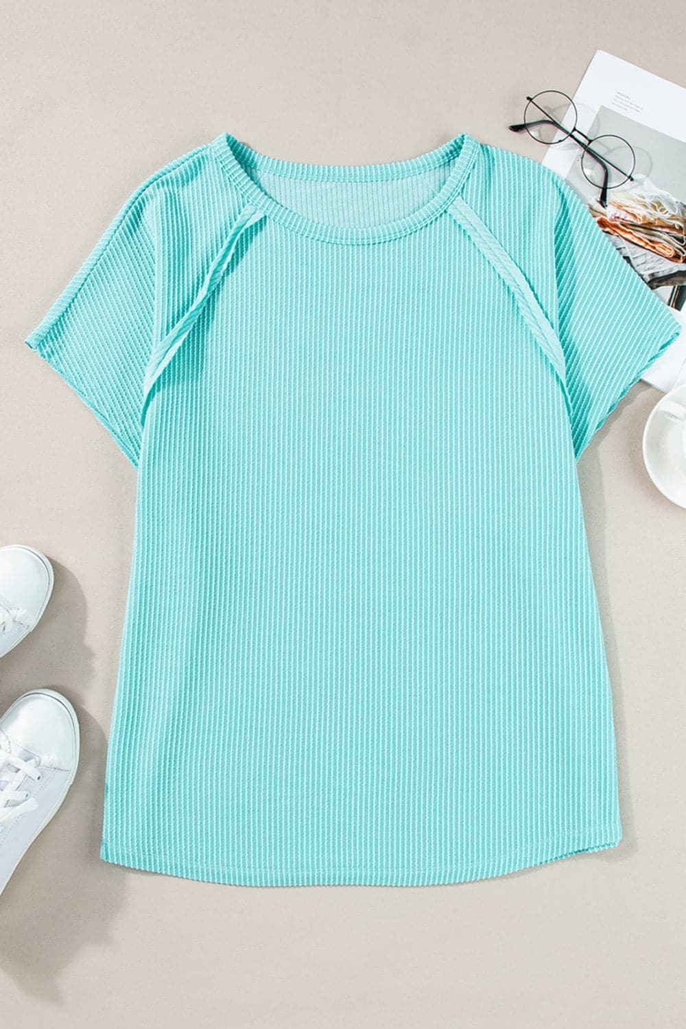 Plus Size Textured Round Neck Short Sleeve Top.