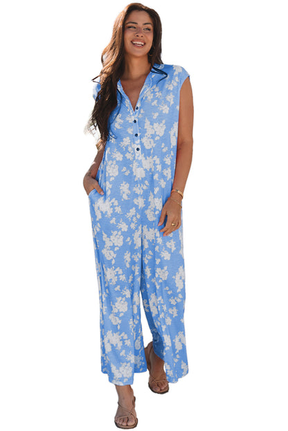 Myosotis Floral Print Half Button Wide Leg Relaxed Jumpsuit