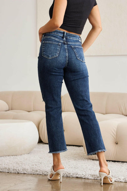 RFM Full Size Tummy Control Distressed High Waist Raw Hem Jeans.