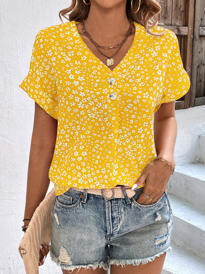 Printed V-Neck Short Sleeve Blouse.