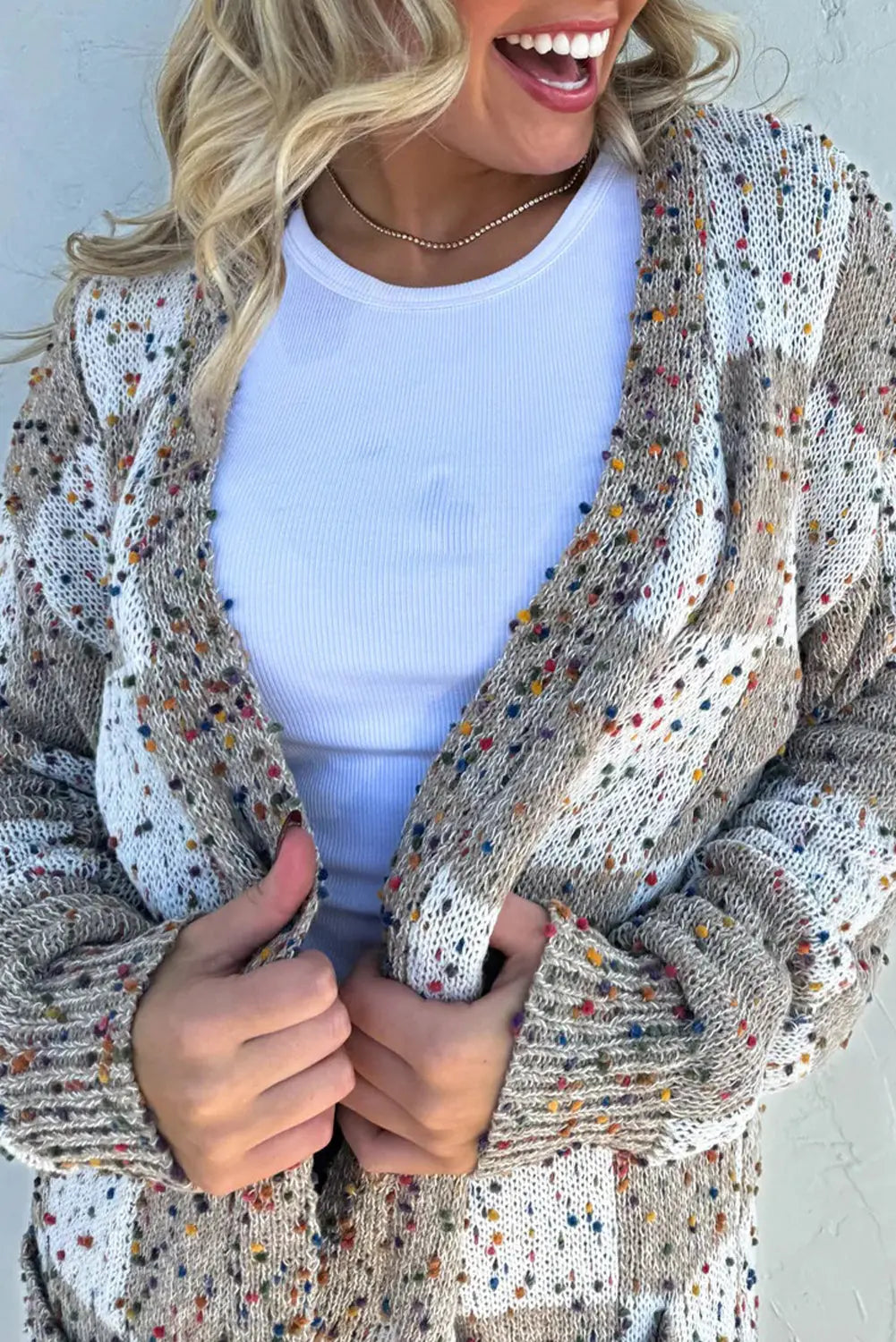 Brown Confetti Dot Checkered Print Open Cardigan with Pockets Dear-Lover Dropshipping