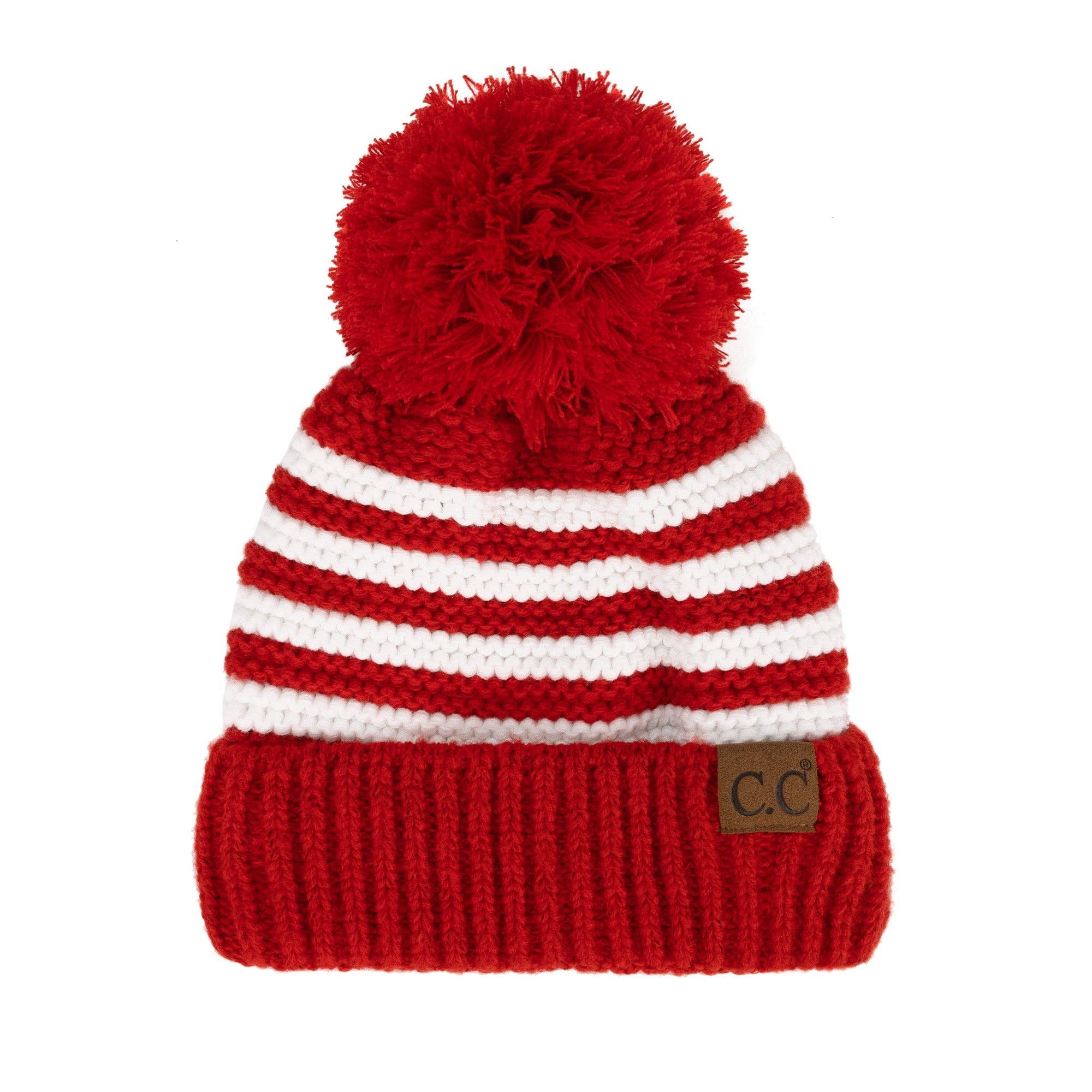 🎅🎄 Candy Cane Cozy! CC Chunky Knit Striped Pom Beanie - Red Coco’s Tee Boutique