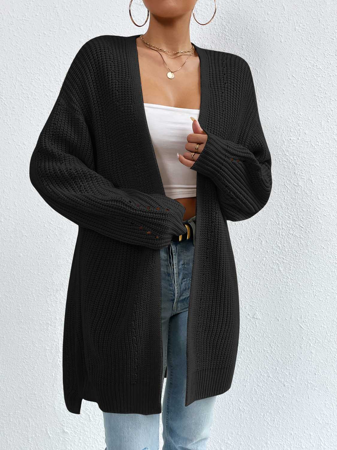 Open Front Dropped Shoulder Slit Cardigan.