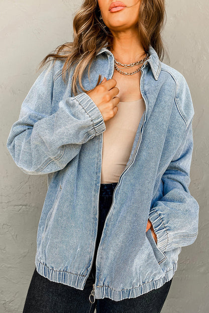 Myosotis Elastic Edge Collared Denim Jacket With Pocket