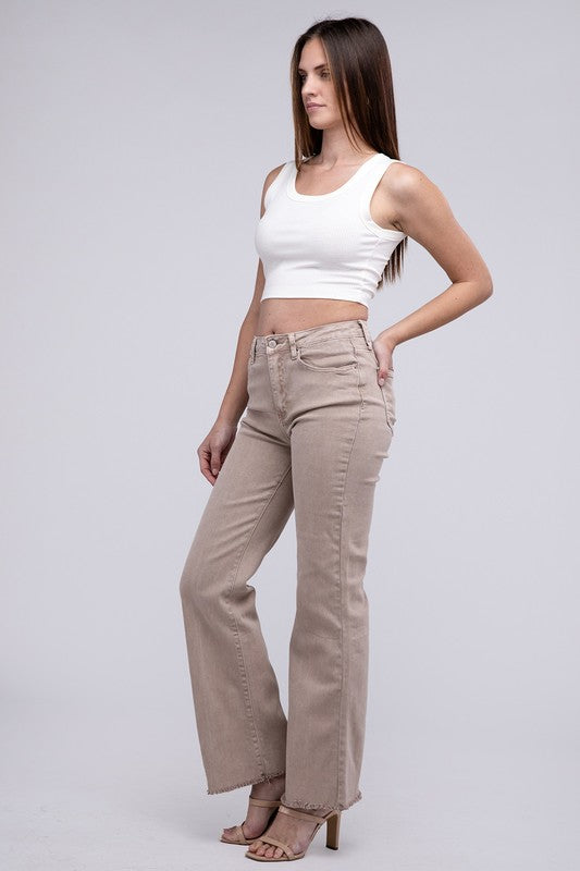 Trendy acid wash frayed hem wide-leg pants