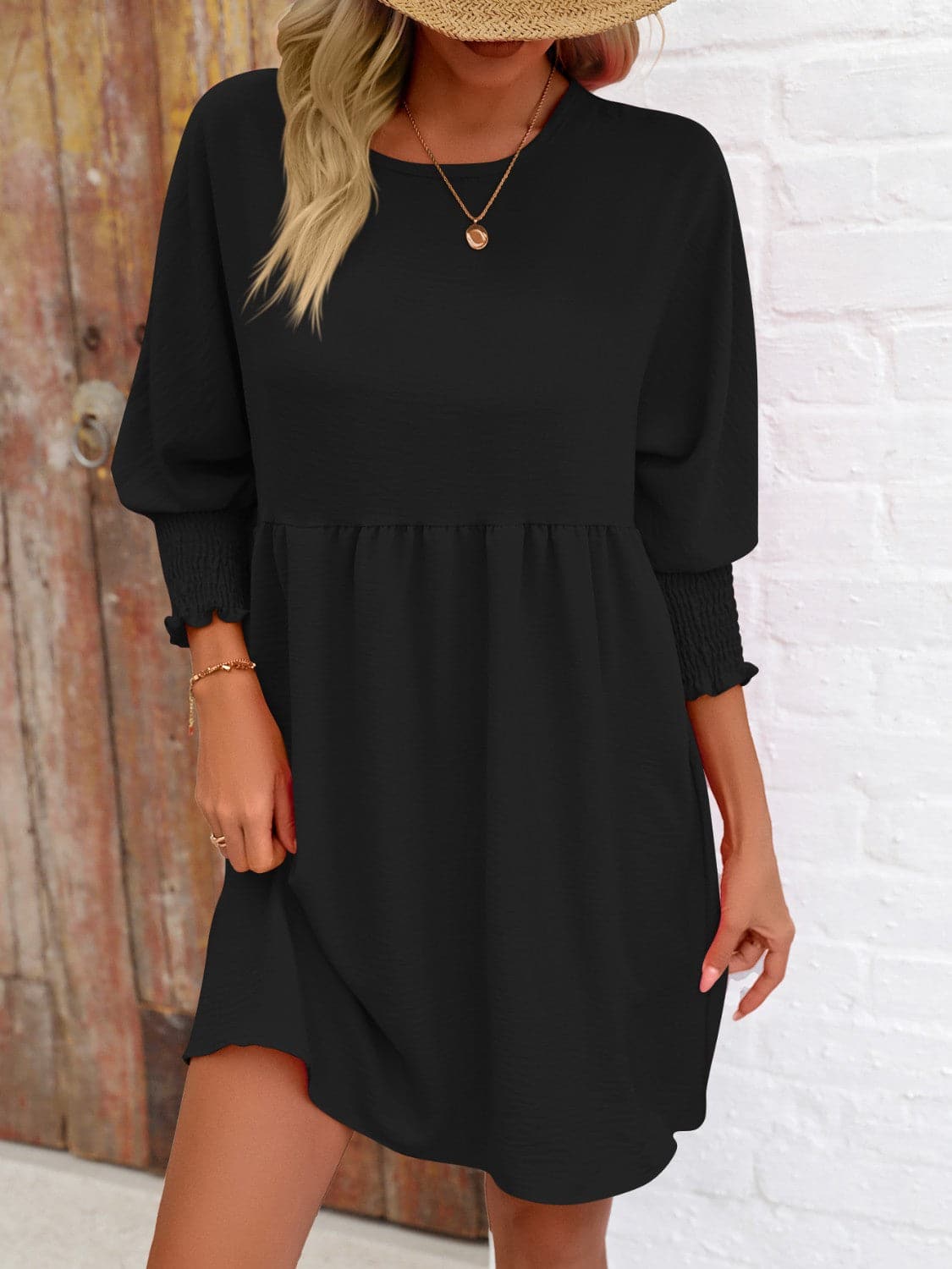 Round Neck Lantern Sleeve Mini DressFeatures: Basic style
Sheer: Opaque
Stretch: Slightly stretchy
Body: Not lined
Material composition: 100% polyester
Care instructions: Machine wash cold. Tumble dry Love Salve Round Neck Lantern Sleeve Mini Dress