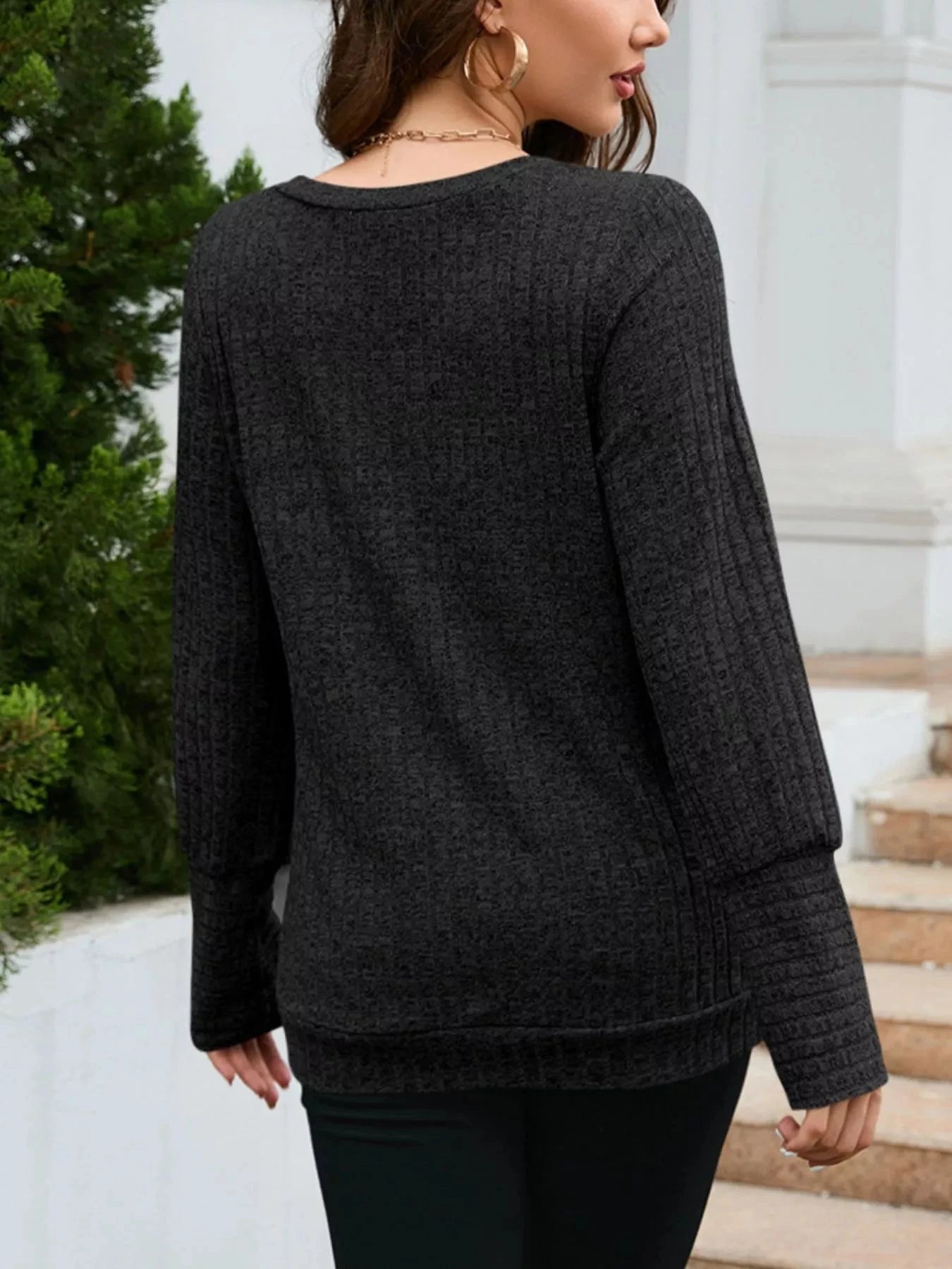 V-Neck Textured Knit Long Sleeve T-Shirt Simply Love