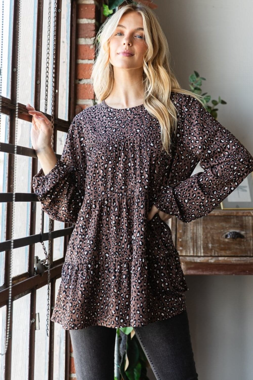 Leopard print long sleeve tiered blouse for a chic look