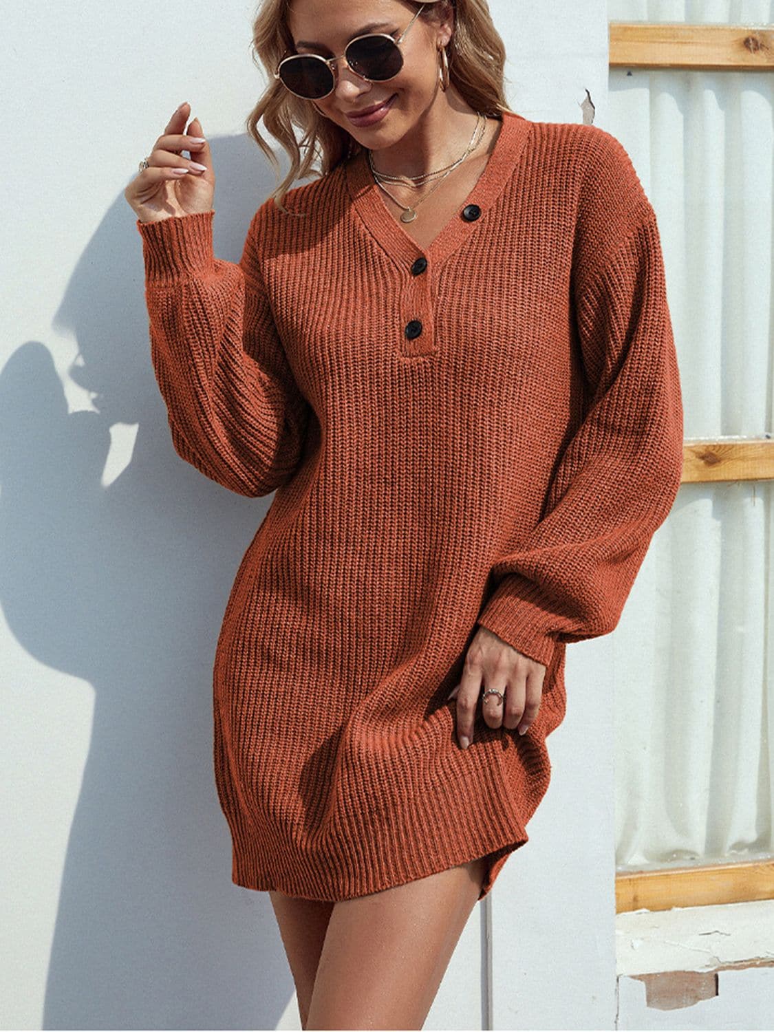 Buttoned V-Neck Sweater Dress.