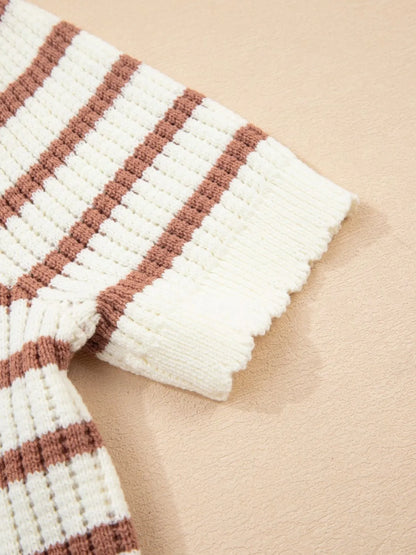 Stripe Scalloped Round Neck Short Sleeve Sweater