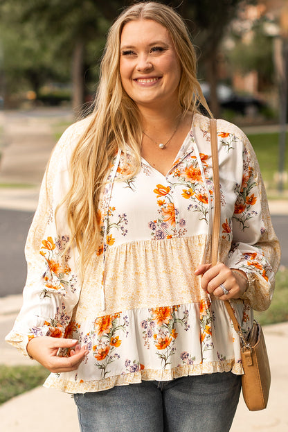 Chic white floral print blouse with puff sleeves for plus sizes