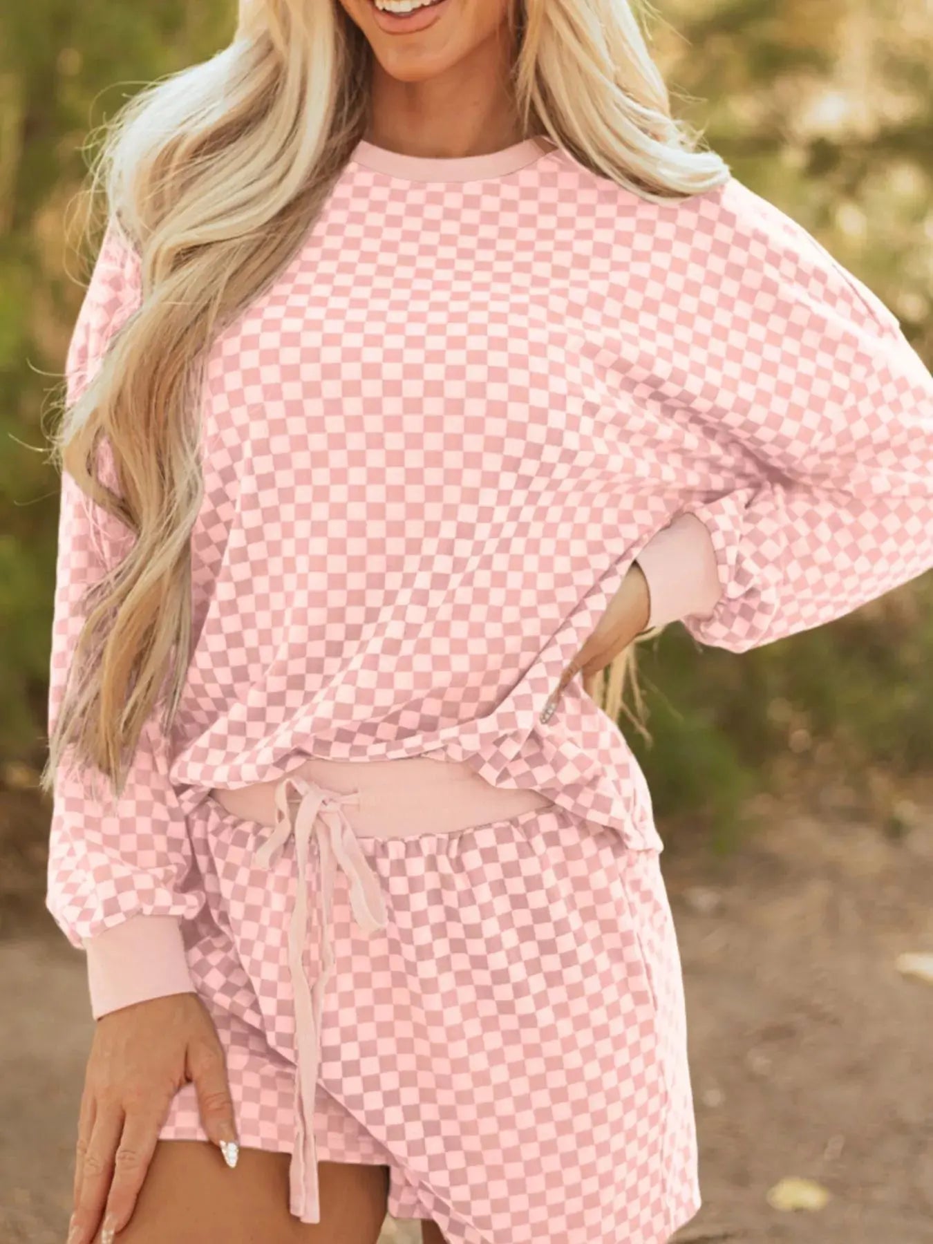 Checkerboard Long Sleeve Pullover and Shorts Set Simply Love