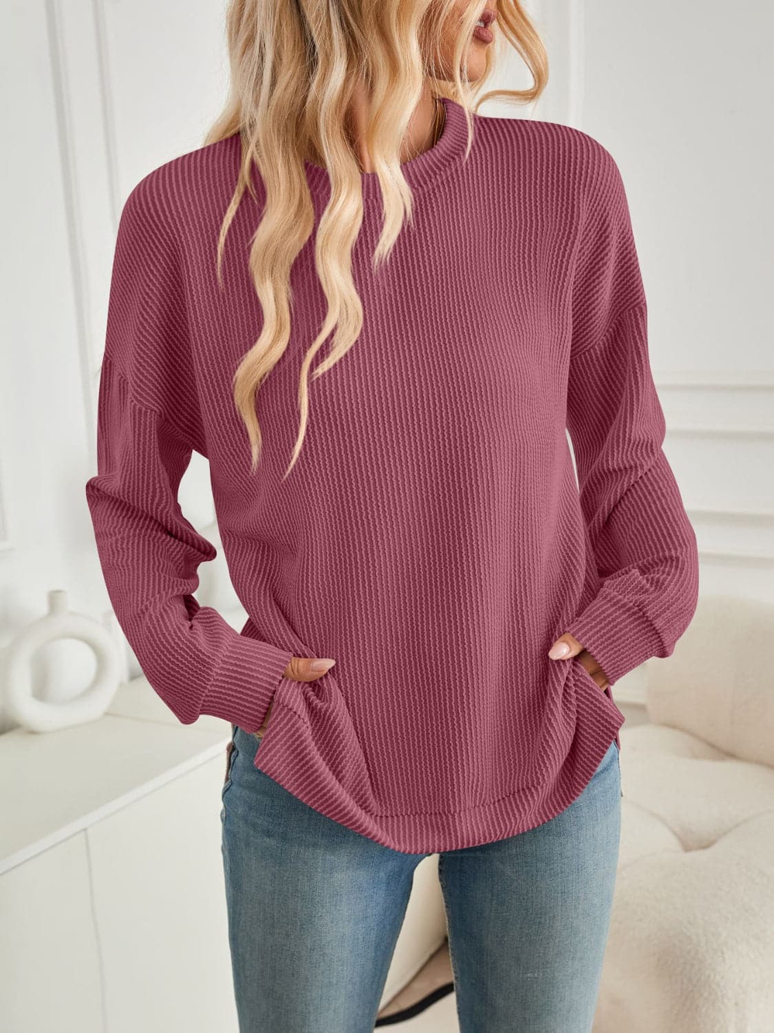 Slit Round Neck Long Sleeve Sweatshirt.