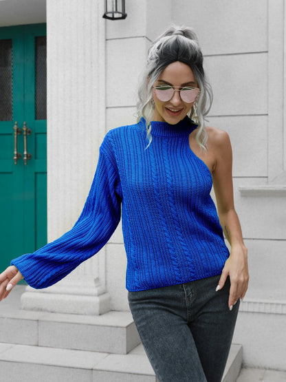 Cable-Knit Round Neck Asymmetrical Sweater.