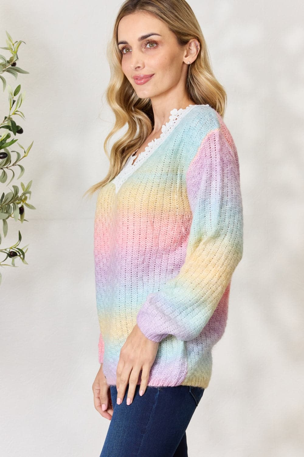 BiBi Rainbow Gradient Crochet Deetail Sweater.