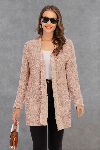 Pocketed Open Front Long Sleeve Cardigan.