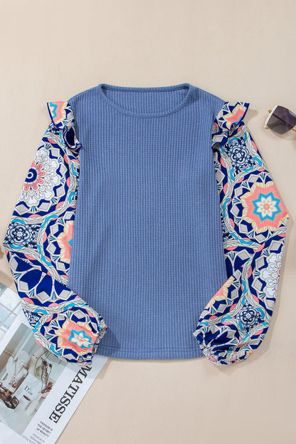 Charming Ashleigh blue floral sleeve ruffled knit blouse