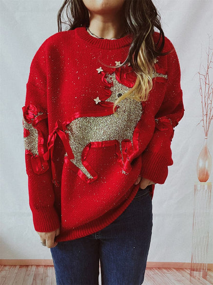 Reindeer Round Neck Long Sleeve Sweater.