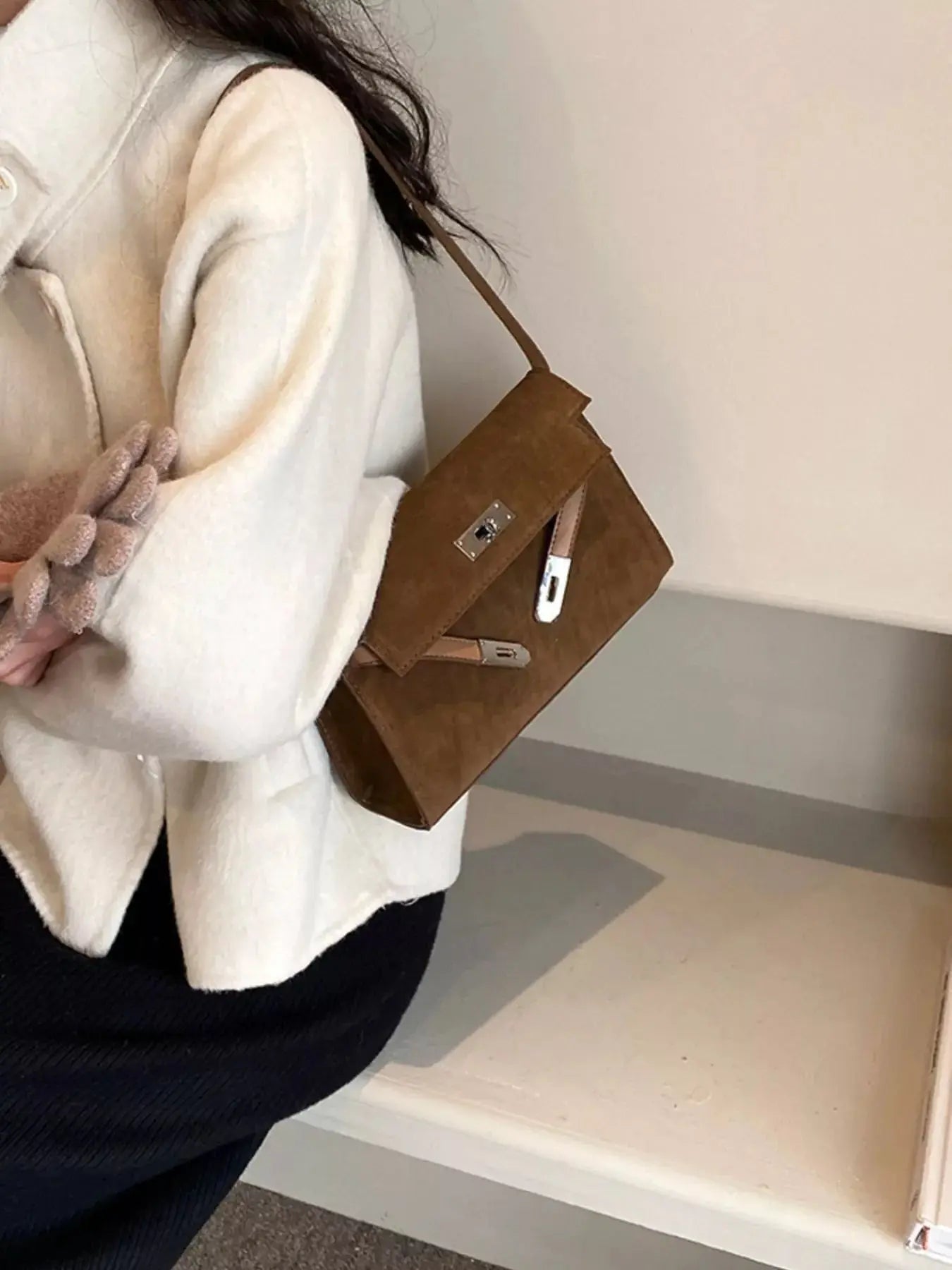 Solid Color Buckle Shoulder Bag Simply Love