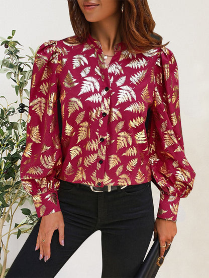 Printed Notched Long Sleeve Shirt.