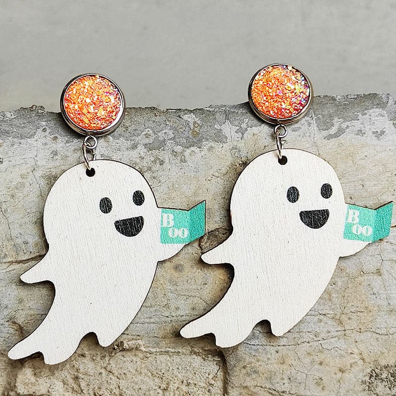 Whimsical ghost-shaped wooden dangle earrings