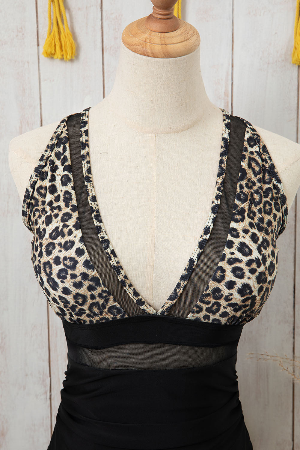 Chic brown leopard high-waist monokini with mesh detailing