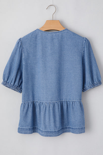 Dusk Blue Tie-Front Peplum Denim Shirt with Bubble Sleeves