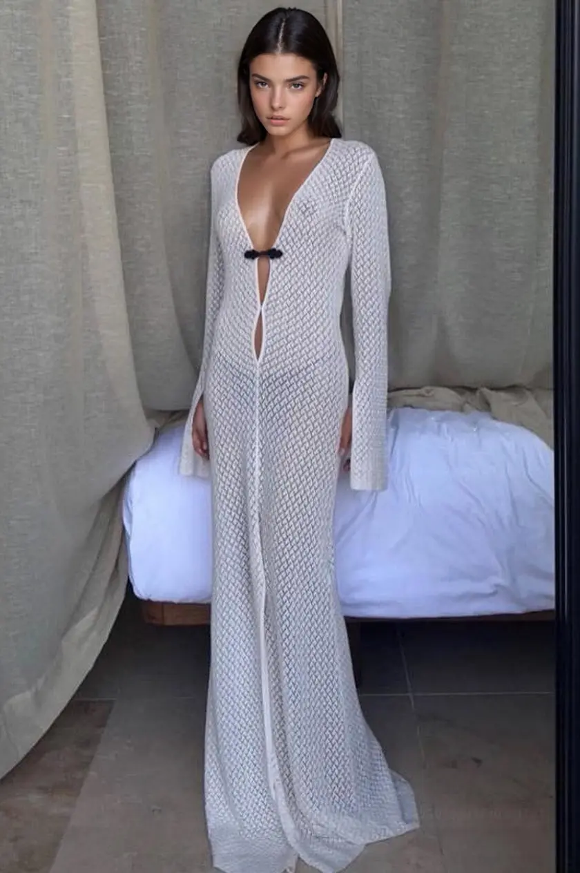 White Long Sleeve Maxi Dress 3wishes.com
