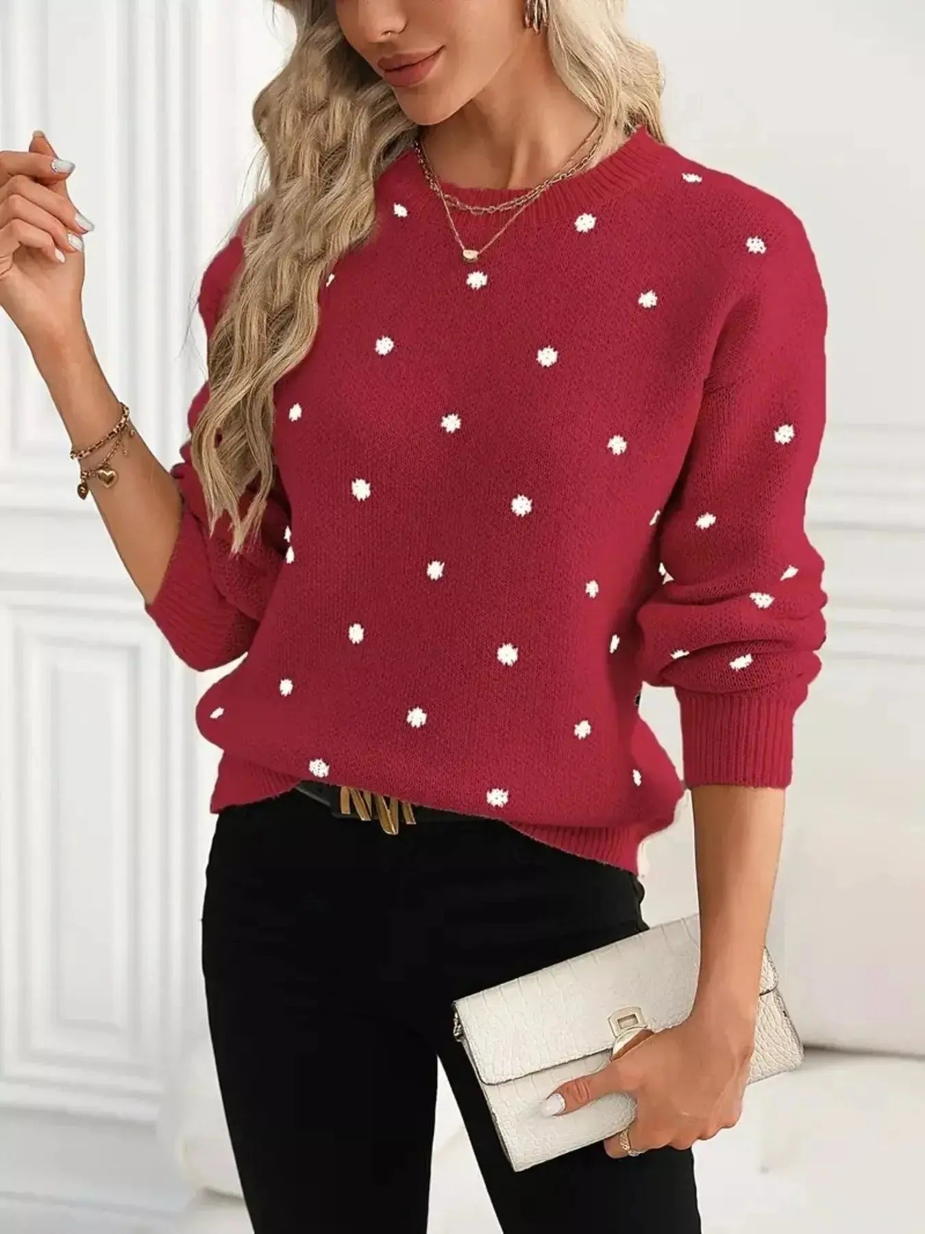 Polka Dot Round Neck Sweater Simply Love