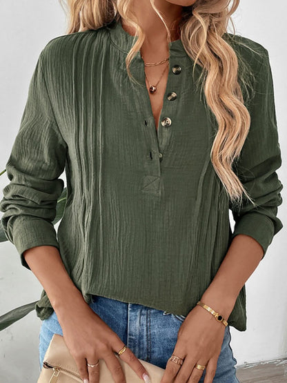 Perfee Textured Notched Long Sleeve Blouse