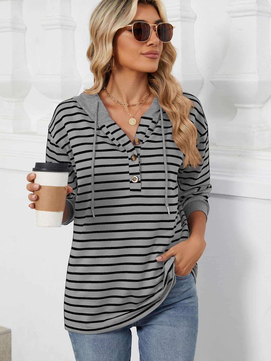 Drawstring Striped Long Sleeve Hoodie.