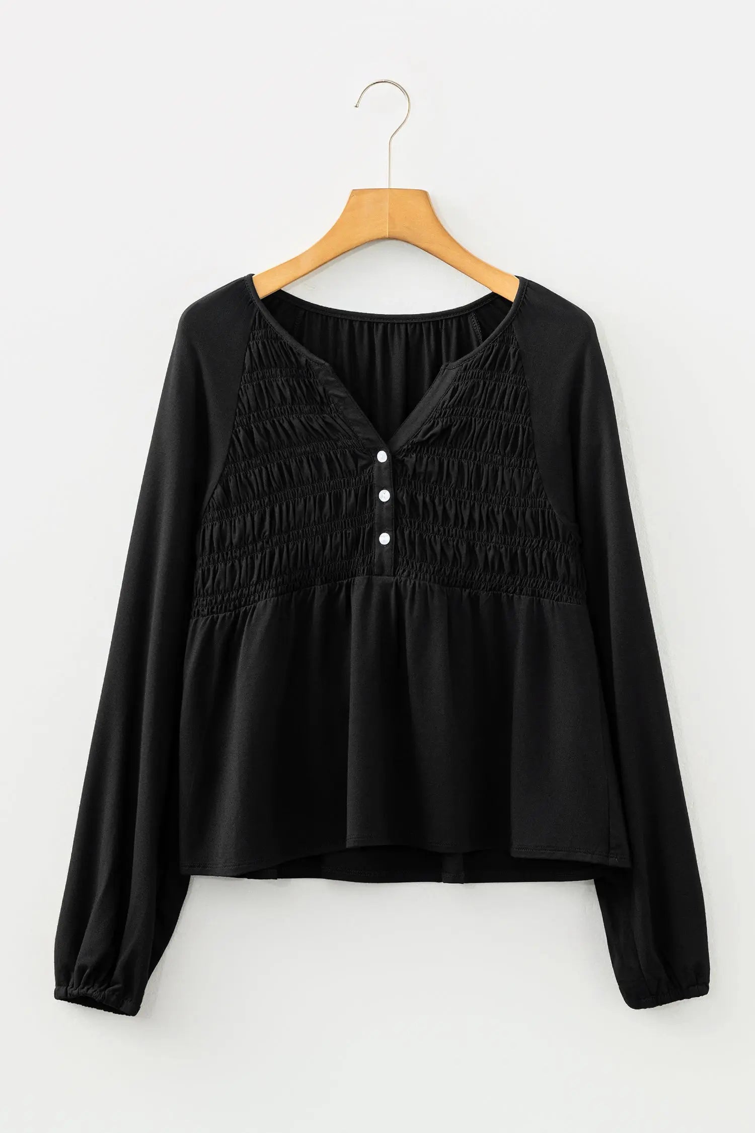 Black Smocked Bust Buttoned Split V Neck Flow Fit Blouse Dear-Lover Dropshipping