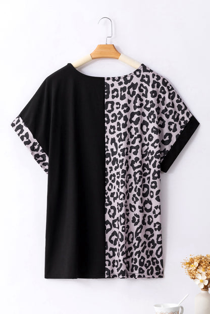 Chic black leopard print patchwork plus size tee