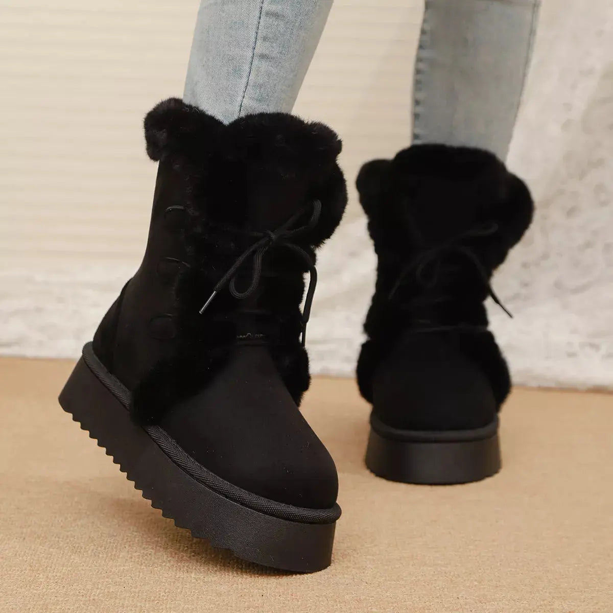 Black Suede Lace Up Winter Boots With Faux Fur Lining Simply Love