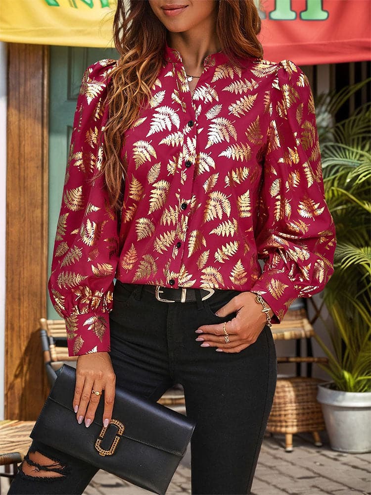 Printed Notched Long Sleeve Shirt.