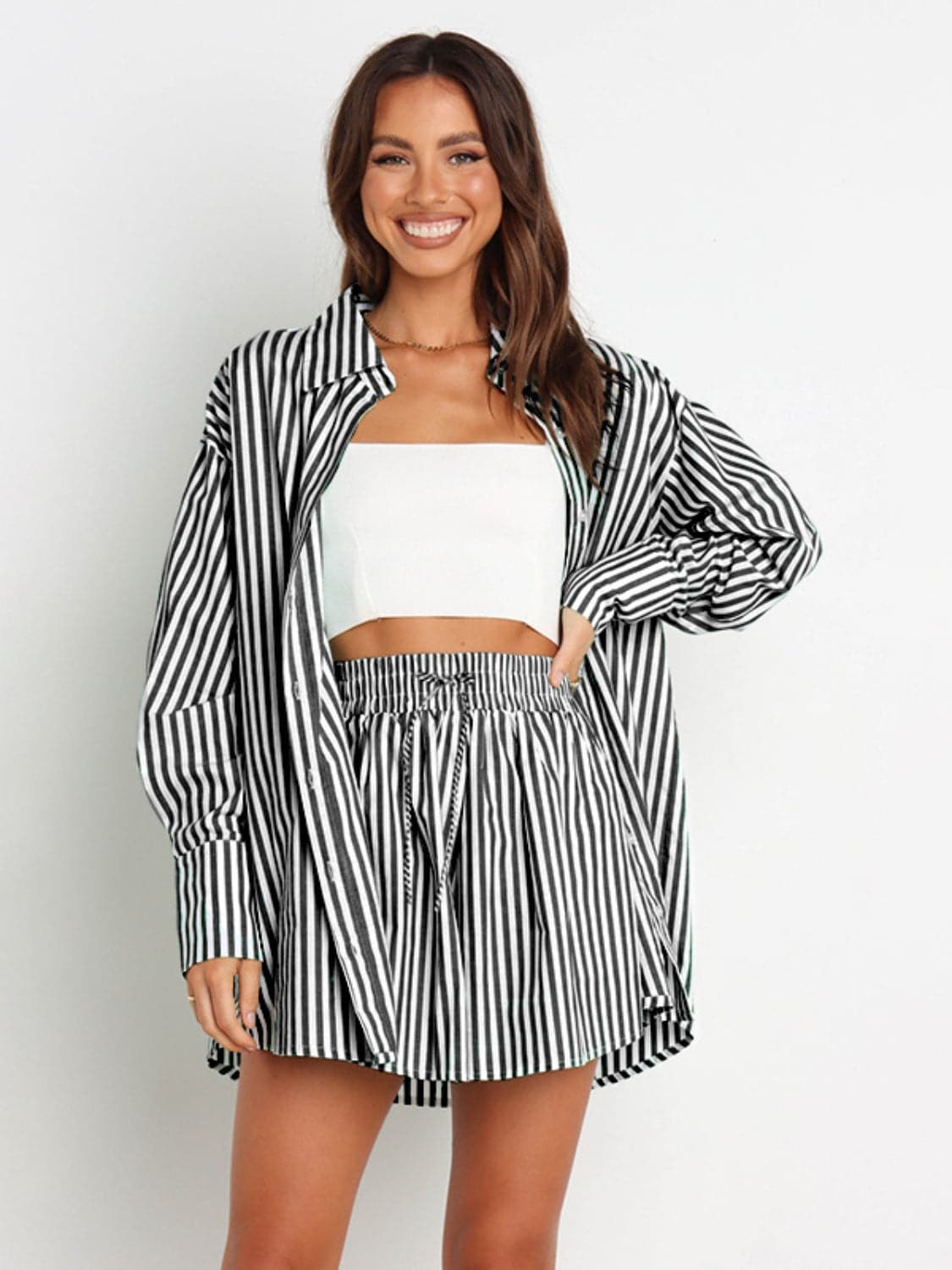 Striped Dropped Shoulder Shirt and Shorts Set.